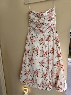 White Floral Strapless Dress with Pink Flowers